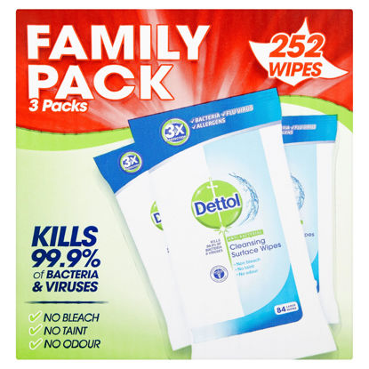 Picture of Dettol Anti-Bacterial Cleaning Surface Wipes, 252 Wipes, Pack of 3 x 84